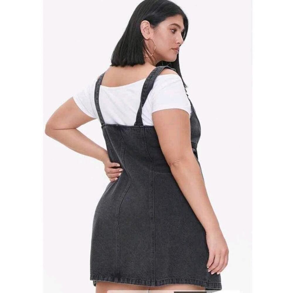 Forever 21 Plus Black Denim Overall Mini Dress Button Front 0X NWT - Picture 2 of 10